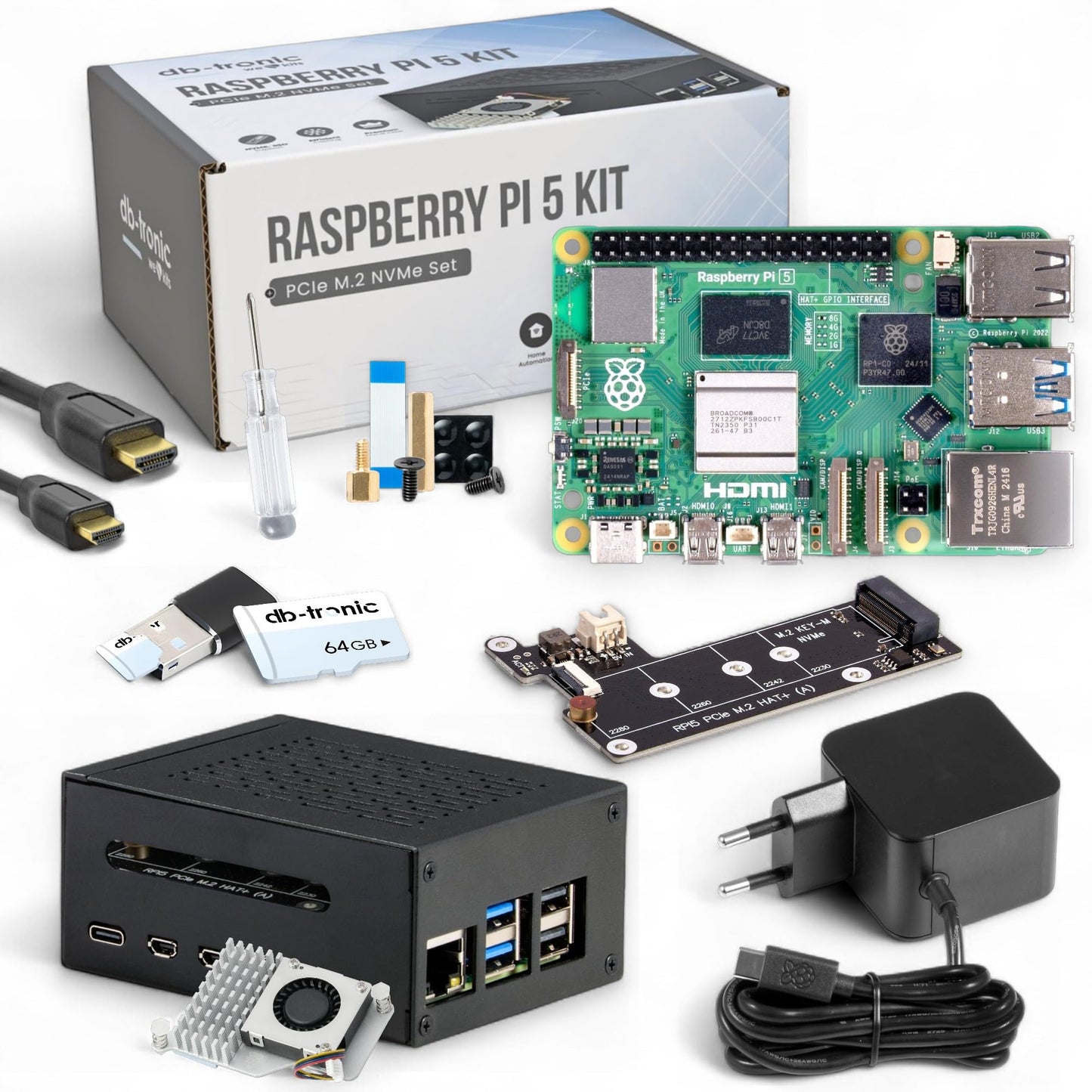 Raspberry Pi 5 8GB PCIe M.2 NVMe - Set | Metal Case | Active Cooler | M.2 NVMe SSD PCIe Board | Official USB-C 27W Power Supply | 64GB Edition | 4K Micro HDMI