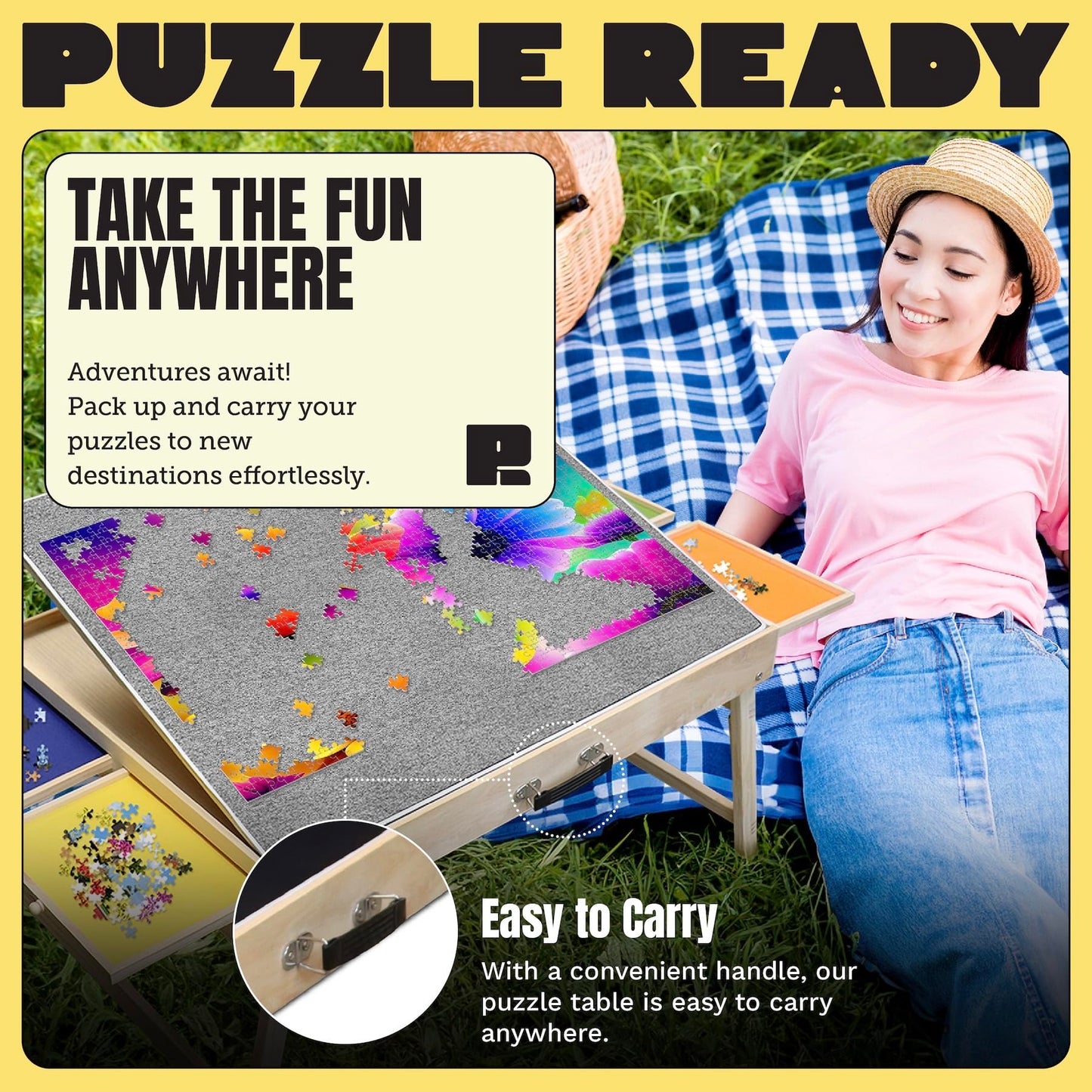 1000 Piece Wooden Puzzle Table - 30" x 24" Folding Puzzle Table with shorter legs, 4 colored drawers, 3 tilt angles & puzzle cover mat - Portable Puzzle Table
