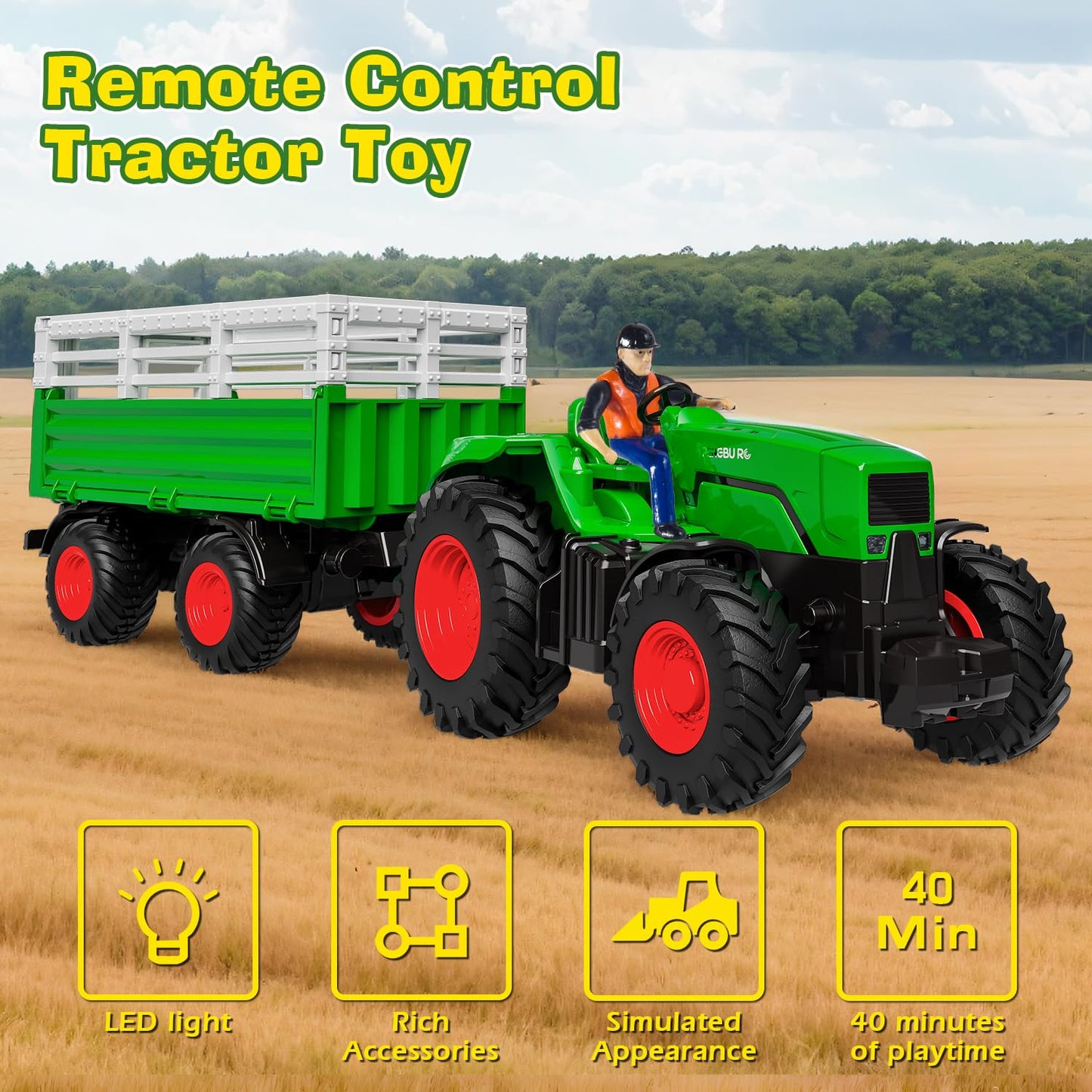 PENGBU RC Remote Control Tractor with Trailer, 2.4 GHz Remote Control Toy Tractor, Kids Tractor Remote Control with Front Loader, Trailer, Cow, Sheep, and Hay Bales for ages 3-8.