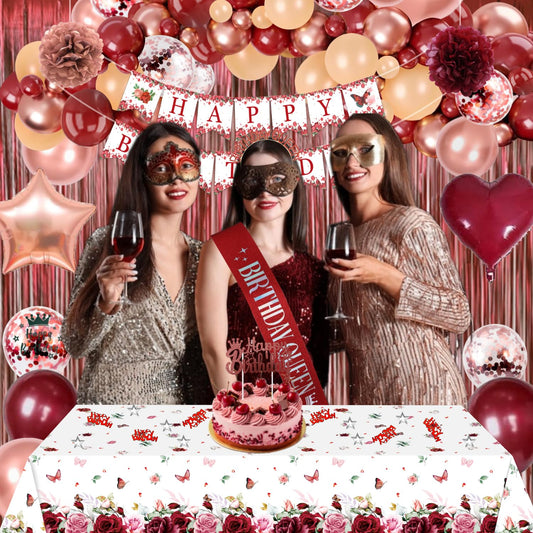Birthday decoration, burgundy red rosegold party decor set with Happy Birthday banner, confetti balloons, sash and birthday crown, tablecloth, curtain, pom poms for women girls birthday decor.