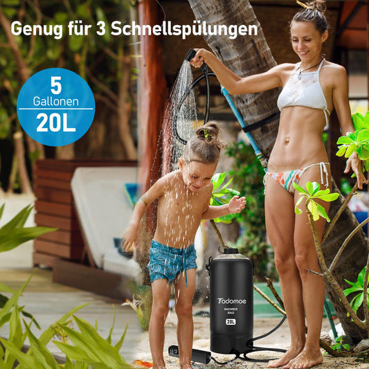 Tadomoe camping shower, 20 liter solar shower with portable shower pump, portable shower camping bag with convenient nozzle, temperature display, hot water solar shower for camping beach hiking travel.