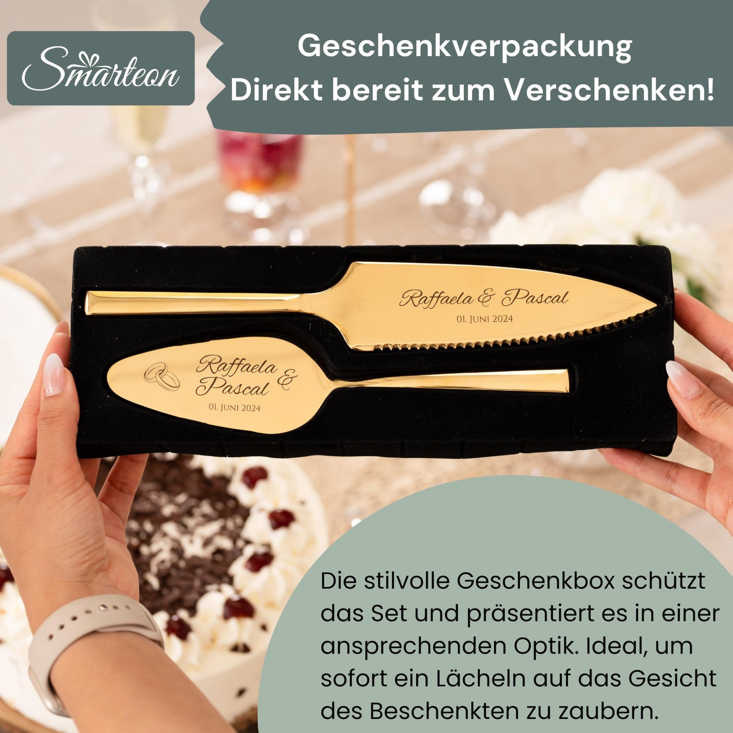 SMARTEON cake lifter including cake knife in set with personal engraving as a gift for wedding, anniversary, birthday - Wedding gifts for couples - Silver-colored set in gift box