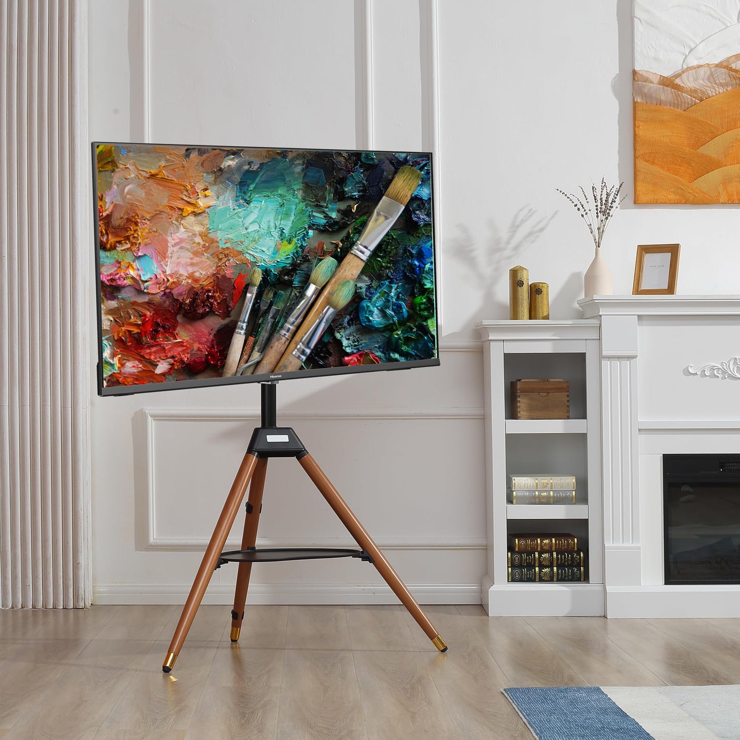 ETHU Tripod TV Stand Wooden TV Easel for 32-65 inch TVs, Height Adjustable TV Floor Stand with Media Shelf for LED/LCD Screens, TV Stand with 140° Swivel Function VESA 600x400mm