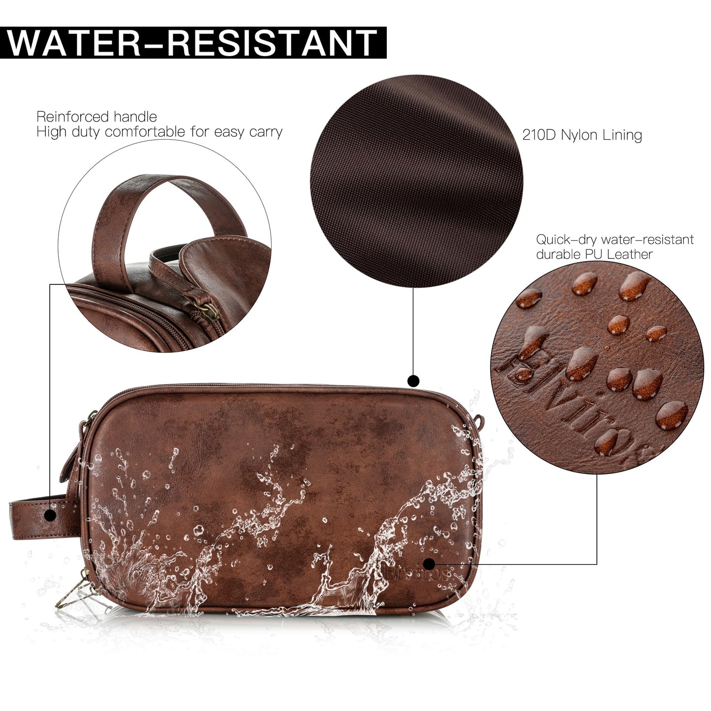 Elviros men's toiletry bag, PU leather waterproof travel large opening toiletry bag, suitable for travel, business trip, fitness, bathroom, dark brown, size: L