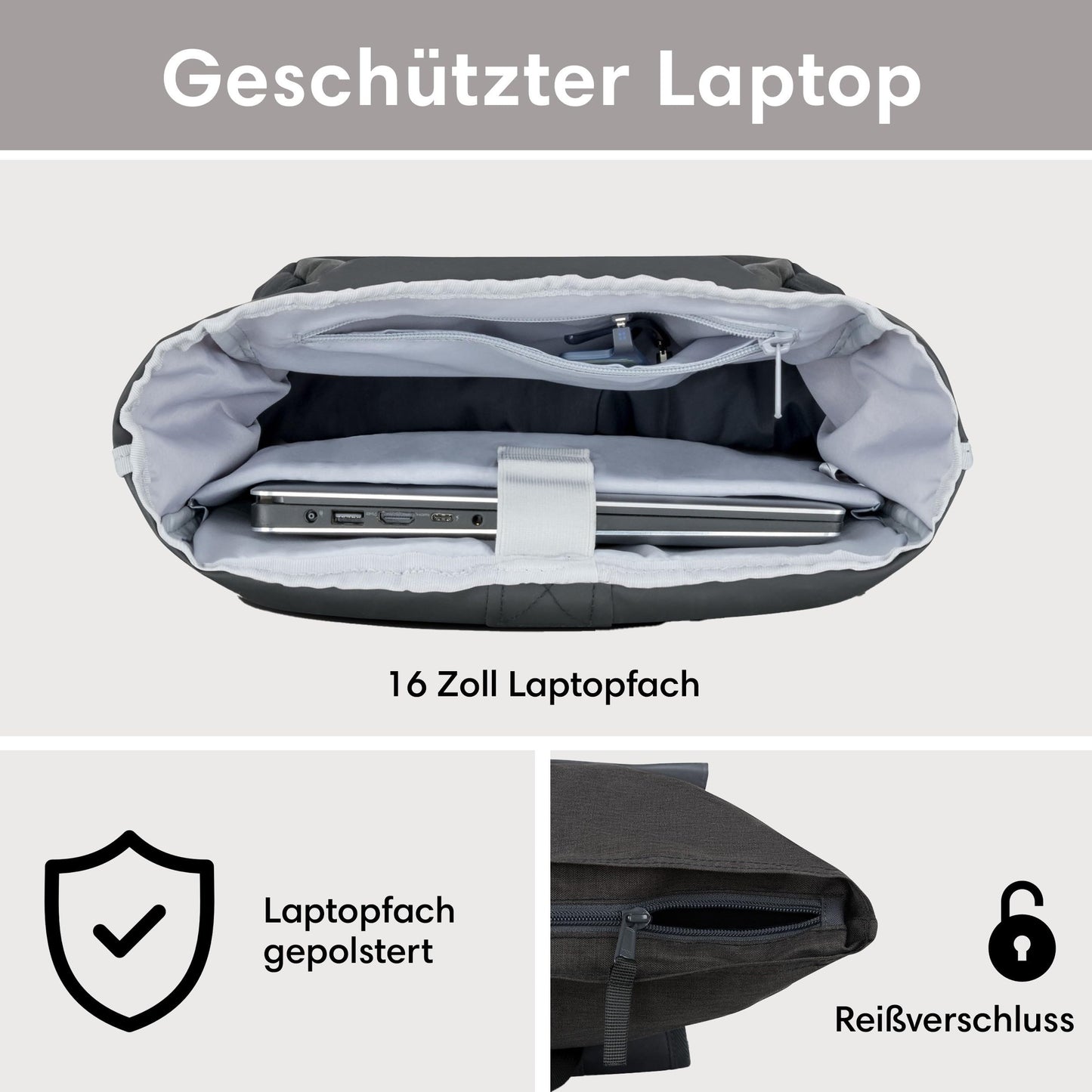 LARKSON Backpack Men & Women Black Grey - No 4 - Rolltop Backpack with Laptop Compartment for College, Work & Bike - Large Travel Backpack - Water-Resistant