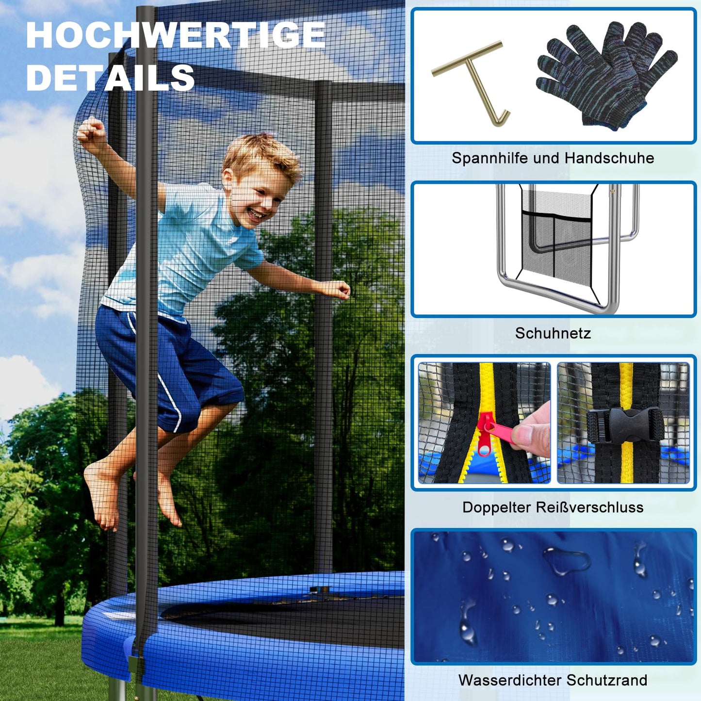Devoko Trampoline Outdoor Ø 183/228/305/366/427 cm Indoor Trampoline Kids Garden Trampolines, Complete Set with Shoe Net, Ladder, Edge Cover, Safety Net, Weight Capacity 150 kg (Blue)