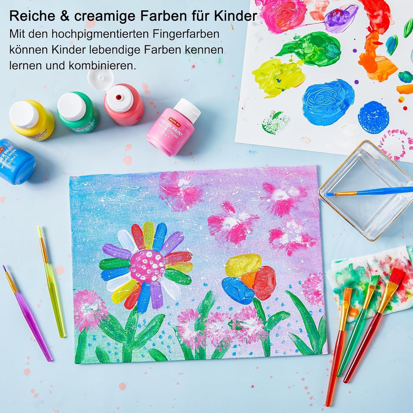 Shuttle Art 53-piece finger paint kids non-toxic craft set with 14 colors (60ml each) finger paints for kids, brushes, finger paint coloring book, sponge, sponge spatula, palette, painting set for kids.