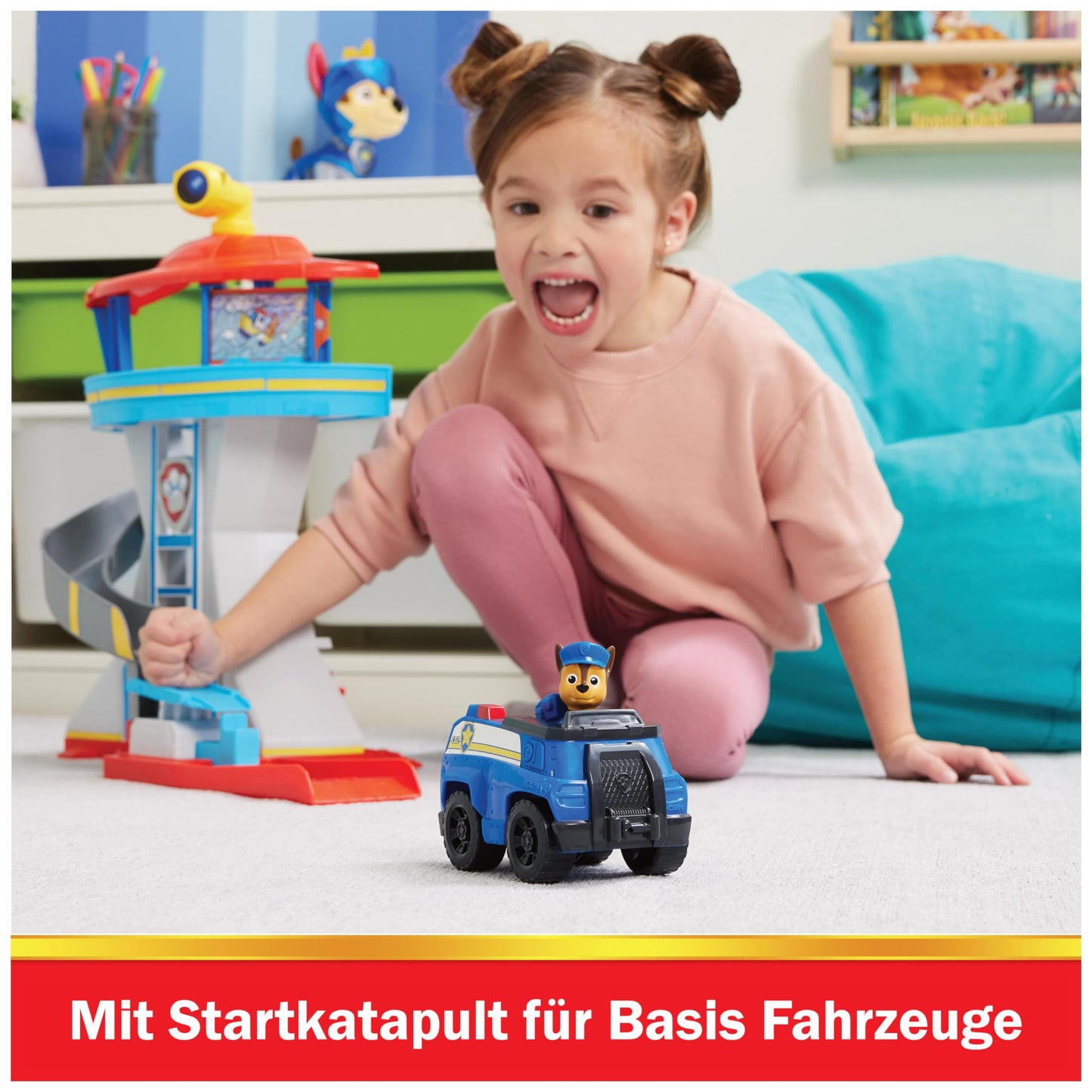 PAW Patrol Lookout Tower headquarters playset with 1 Chase vehicle base, 2 Chase figures, and accessories, suitable for children ages 3 and up.