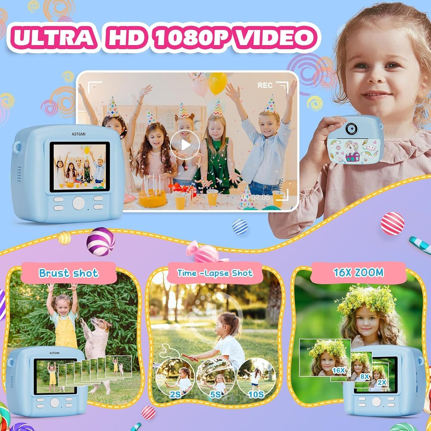 Instant Camera for Kids, Children Camera Compact Cameras 1080P HD Instant Printing of Photos, Birthday Gift Christmas Gift Toy for 3 4 5 6 8 7 9 10 11 Year Old Girls Boys 3 Rolls of Photo Paper
