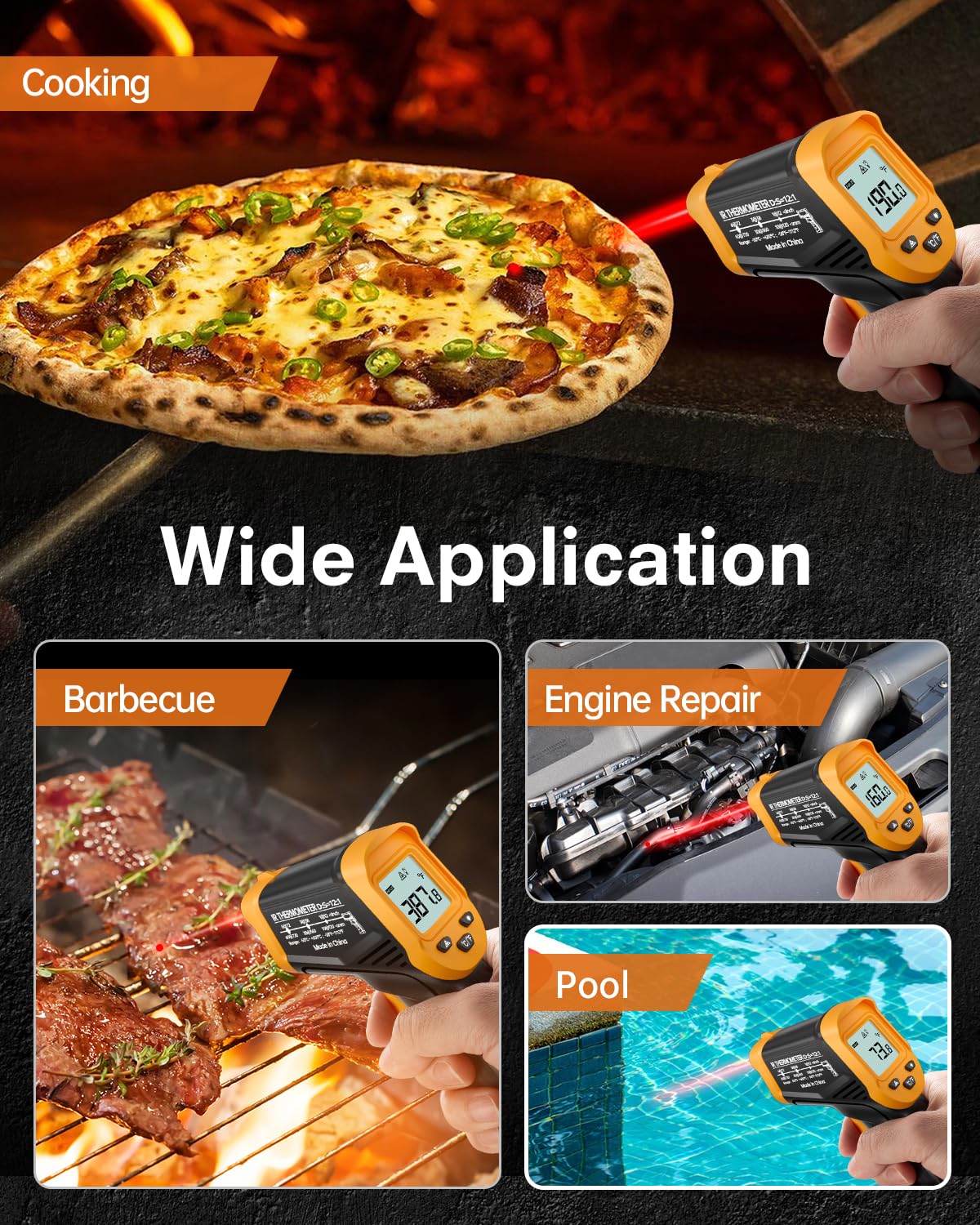 Eventek Infrared Thermometer, -50°C ~ 600°C temperature measurement device digital infrared thermometer with max/min, laser thermometer with 304 meat thermometer, for kitchen, pizza oven, oven, not for humans