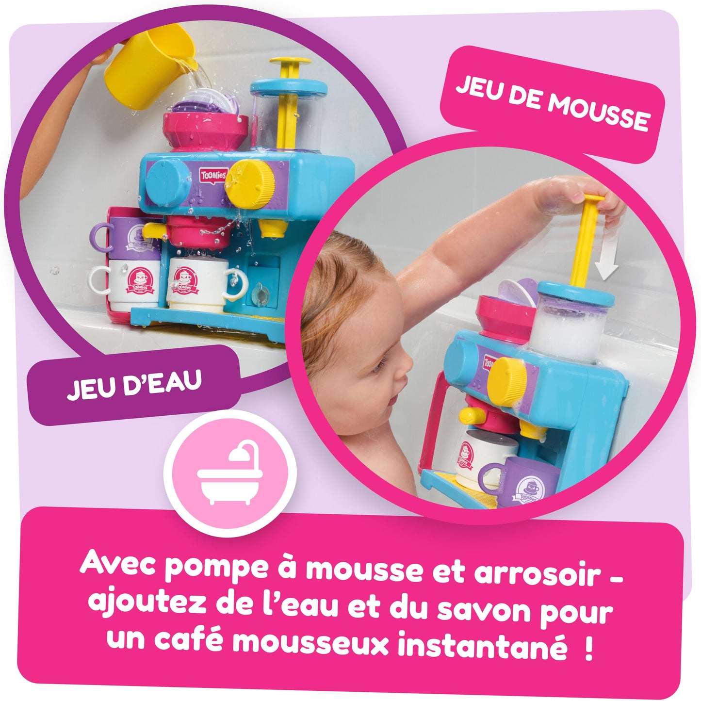 Tomy Toomies Bath Barista - Wall-mounted baby bath toy as a café & foam bath play kitchen for toddlers - Kitchen set: 3 cups, 1 jug, 1 shaker - for girls & boys aged 18 months and up.