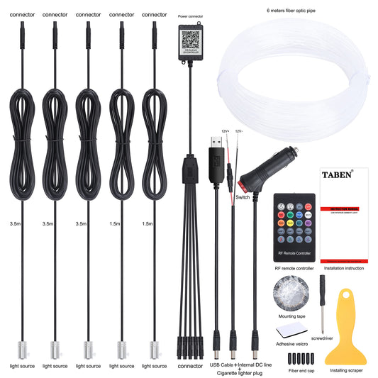 TABEN Car Ambient Light RGB Remote Control + APP Control Decorative Lamp DIY Refit Flexible Glass Fiber Tube 64 Colors Interior Lighting Atmosphere Light 1W DC 12V 6m