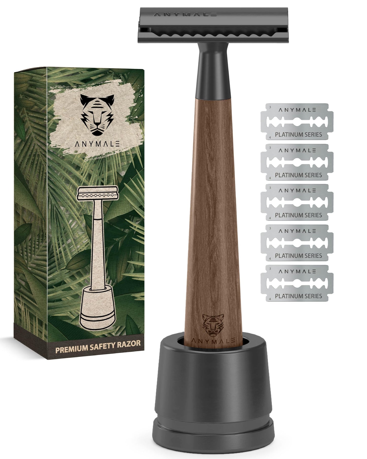 ANYMALE® Walnut Wood Safety Razor - Set with stand and 5 ASTRA blades - Zero Waste razor for ladies and gentlemen.