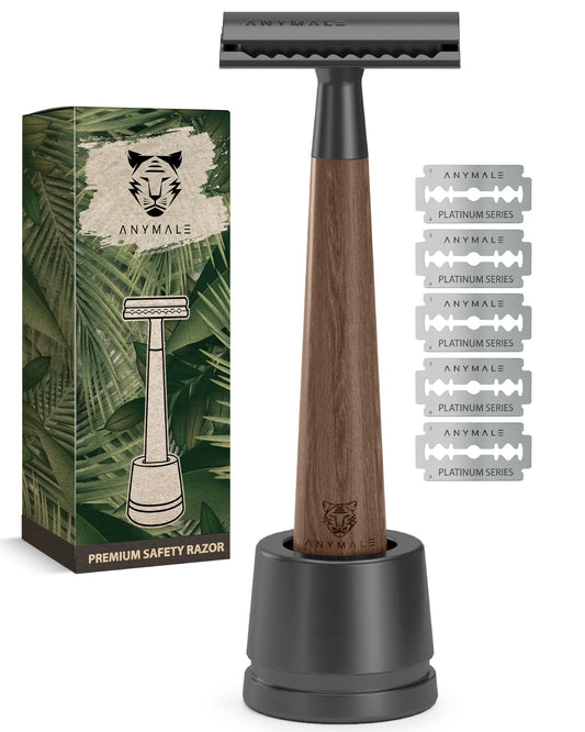 ANYMALE® Walnut Wood Safety Razor - Set with stand and 5 ASTRA blades - Zero Waste razor for ladies and gentlemen.