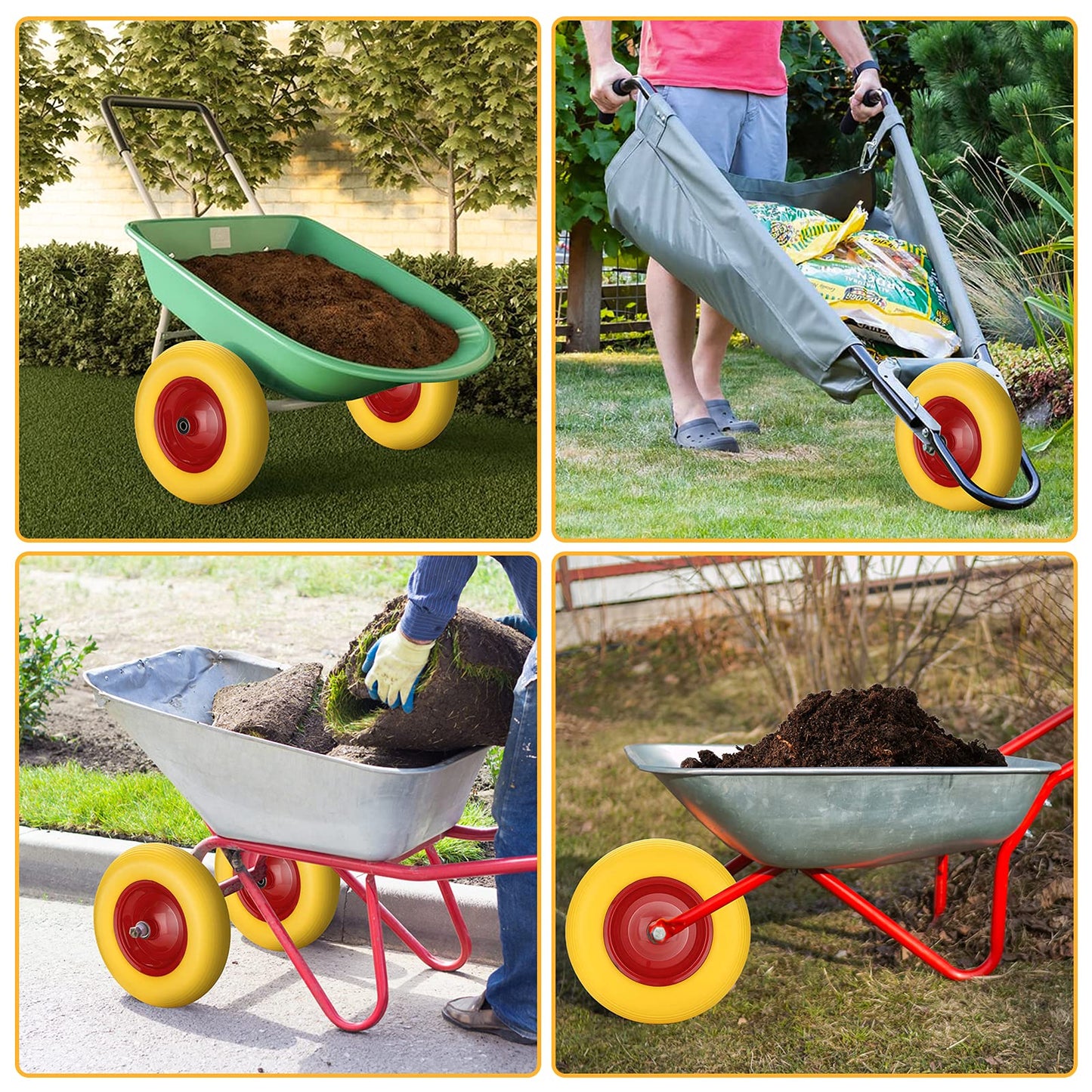 Jiubiaz wheelbarrow wheel 4.80 4.00-8 Solid rubber with axle, wheelbarrow wheel pneumatic tire replacement, rubber wheel, puncture-proof, Ø390mm, 200kg load capacity spare wheel, 95mm width tire for wheelbarrow.