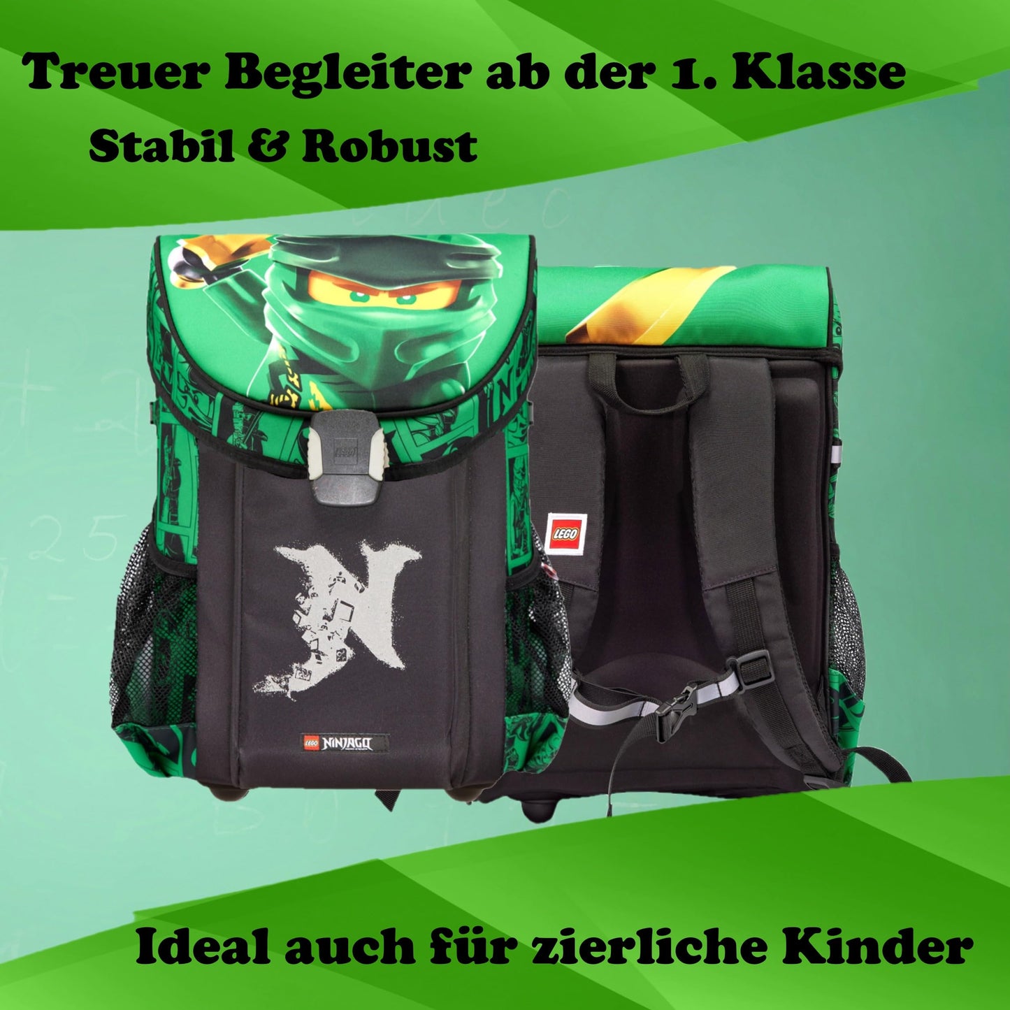 Familando Ninjago school bag set for boys - with sports bag, lunch box, and bottle - ergonomically stable, light at 790g, 16L volume - chest strap, reflectors, rain cover - complete set for 1st grade elementary school.