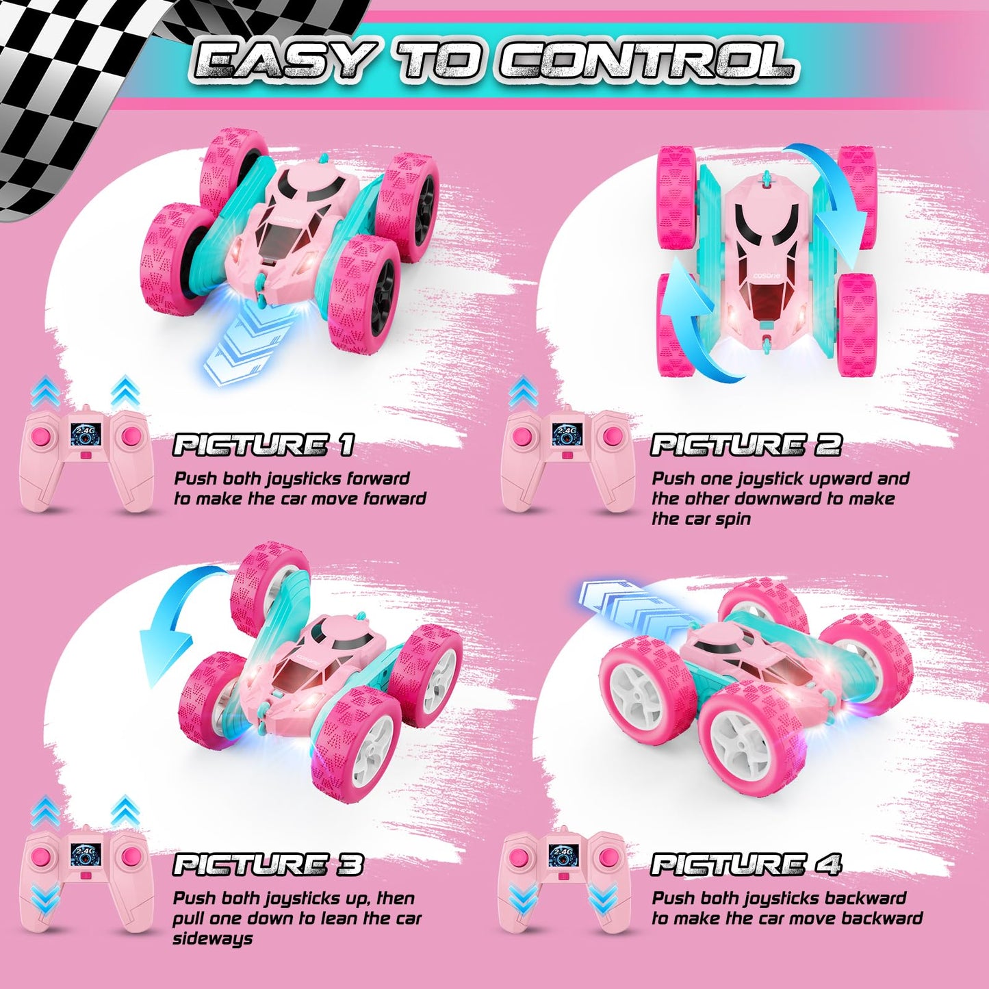 Cosone Remote Control Car for Girls, All-wheel Off-road Stunt RC Car with Headlights, Double-sided 360° Rotating Toy, Gifts for Kids 6+ (Pink)