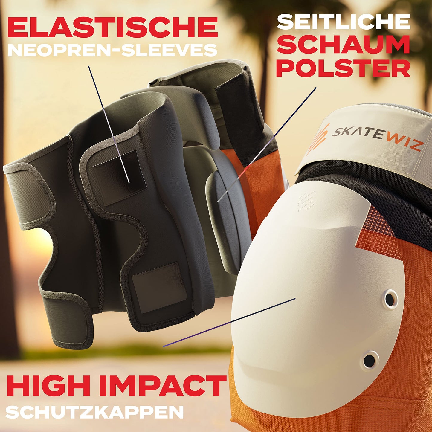 SKATEWIZ Inline Skate Guards Adult - Adult Inline Skate Guards - Knee Elbow Pads - Skate Protectors Protective Gear - Guards Women Men - SHIELD Size M/L Sunrise Orange