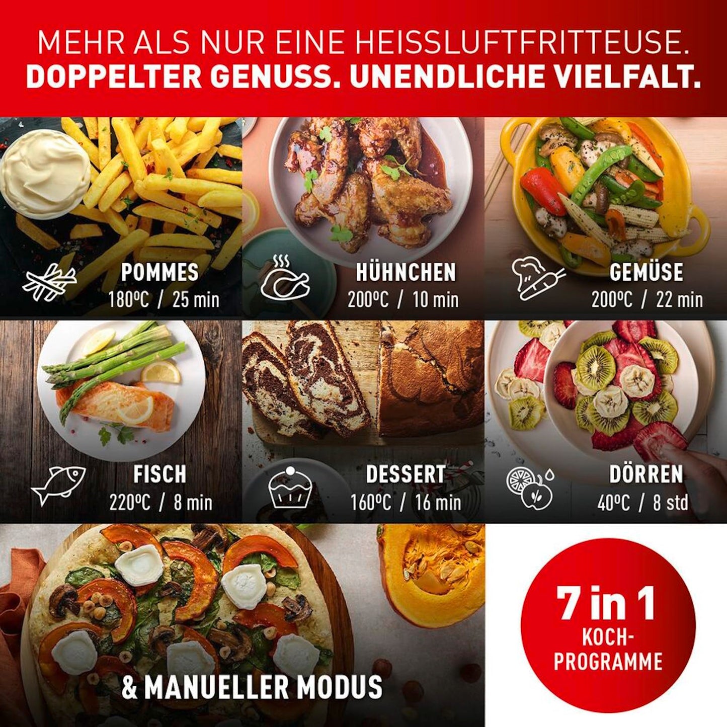 Tefal Dual Easy Fry hot air fryer with two chambers, 5.2/3.1 L capacity, two independent drawers, 7 automatic programs, energy-saving, black, EY9018.