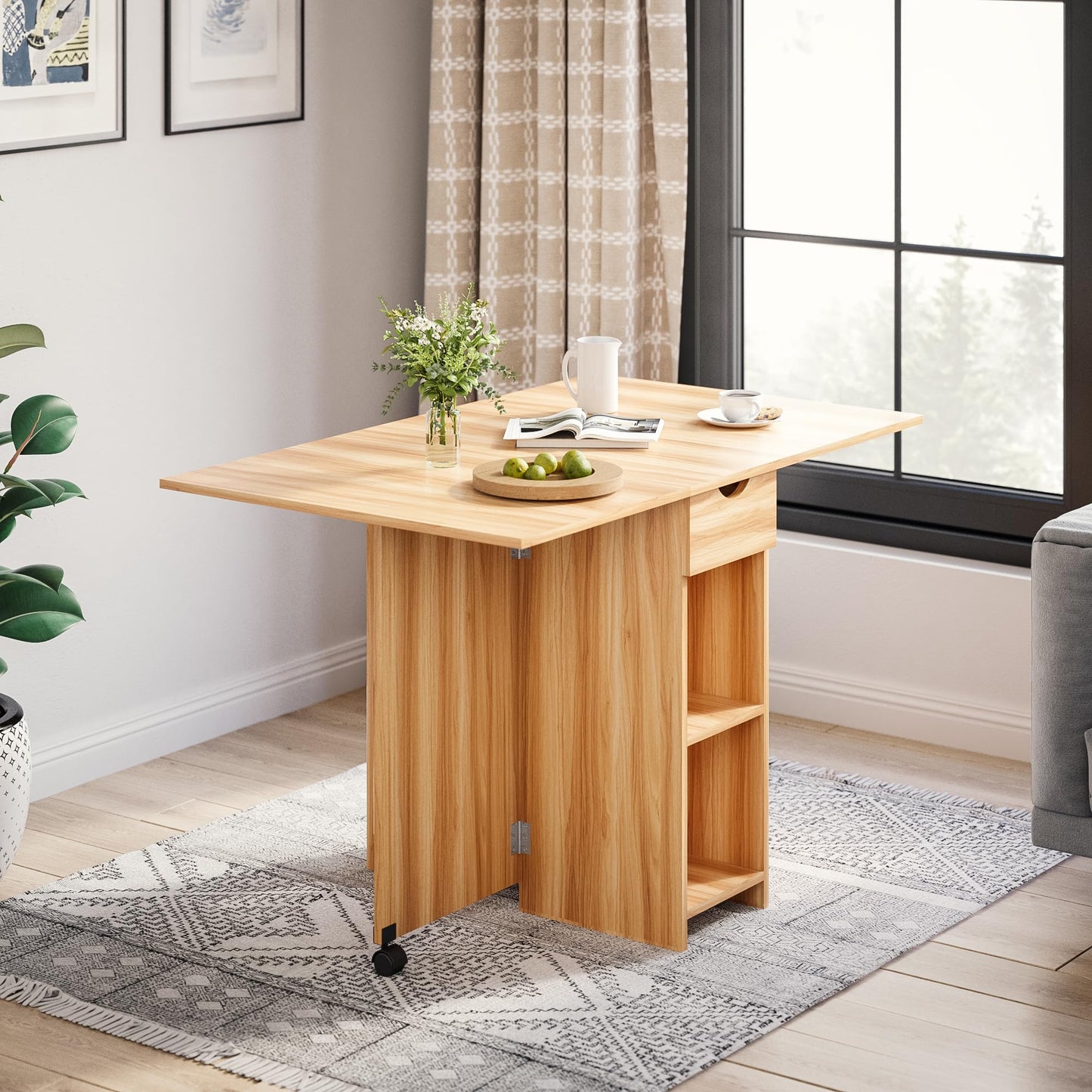 Mondeer Mobile Folding Table, Foldable Dining Table Suitable for Small Spaces with 1 drawer and 2 shelves for dining room and kitchen, 72 x 120 x 75 cm, Red Oak