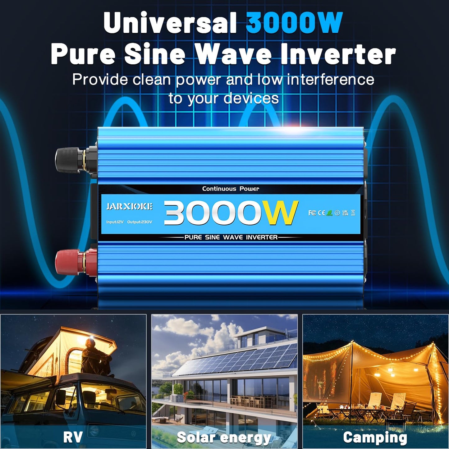 12V to 230V inverter 3000W/6000W Pure Sine Wave Power Converter with remote control, LED display, EU AC outlets, USB port. Perfect for car, camper, boat, camping, power outage.