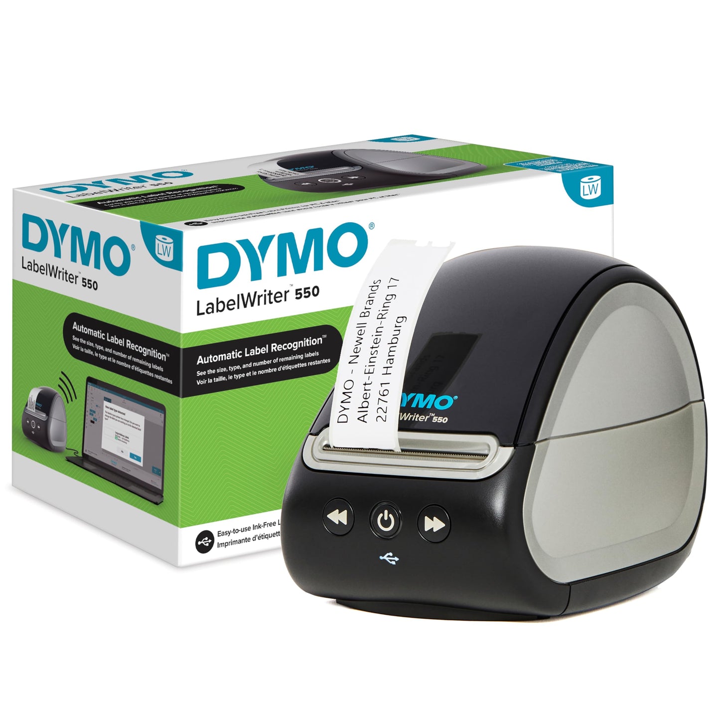 DYMO LabelWriter 550 label printer | Labeling device with thermal direct printing | Automatic label detection | Prints address labels, shipping labels, barcode labels, and more | EU plug adapter