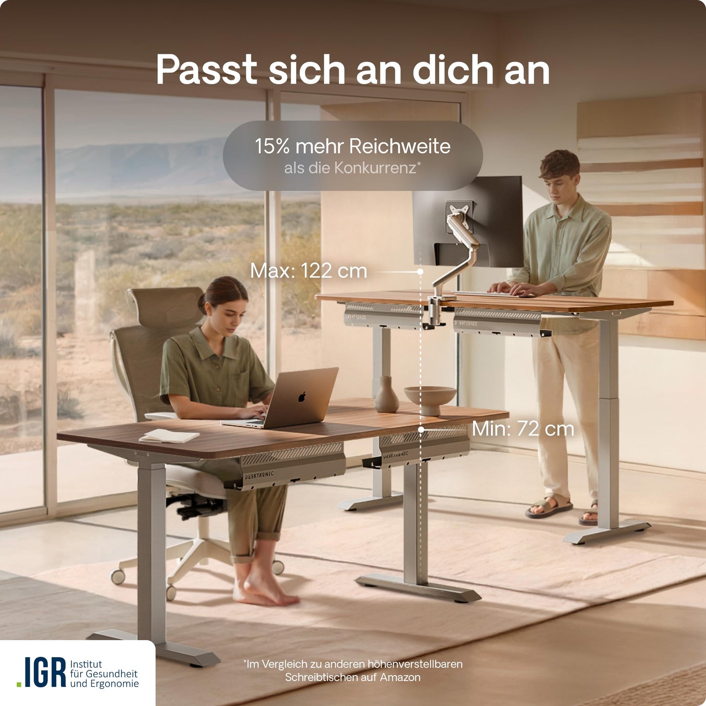 Desktronic Homeone height-adjustable desk 140 × 70 cm - Electric desk with two electric motors, touchscreen control, and integrated USB-A and USB-C charging ports.