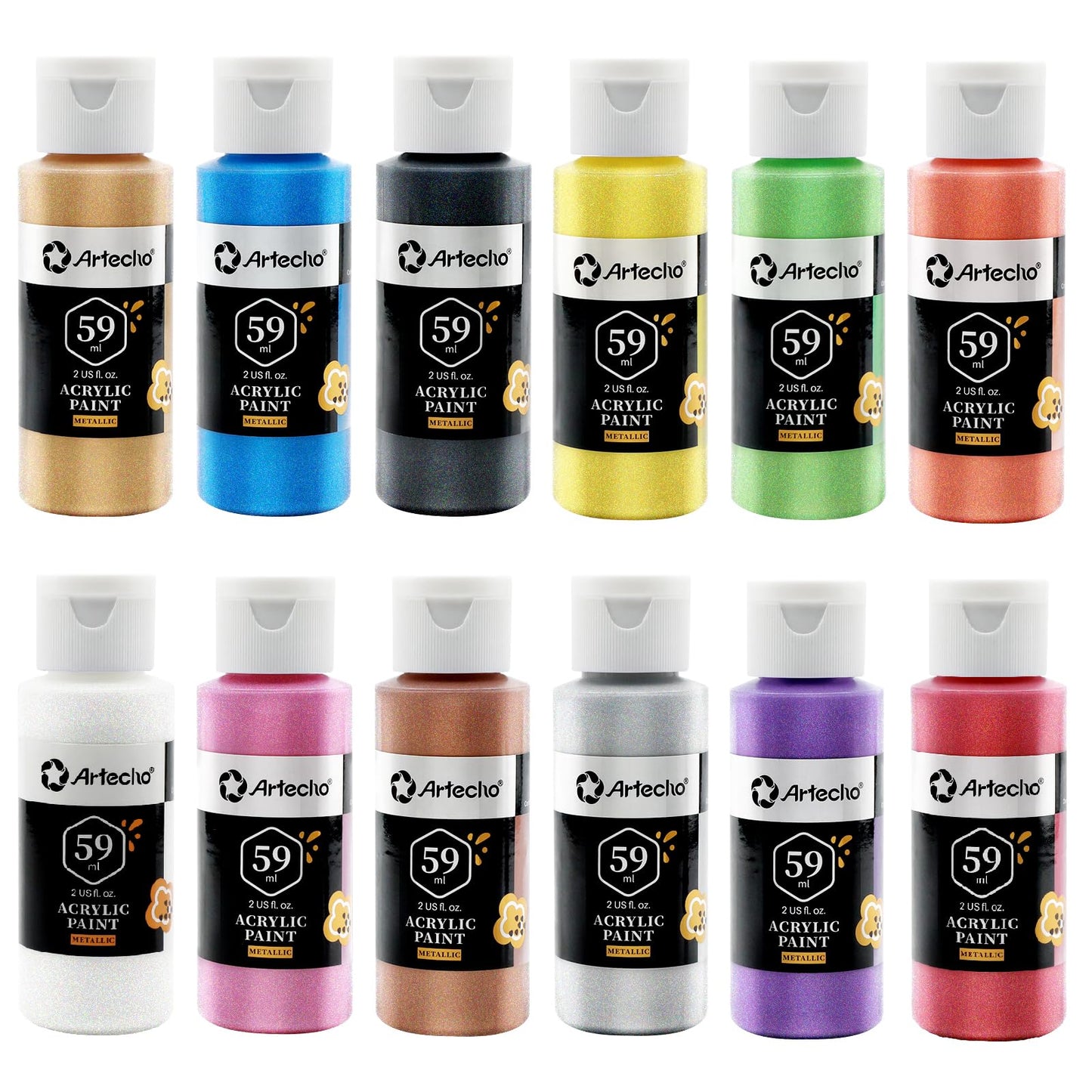 Artecho Metallic Acrylic Paint Set 12x59ml, Non-toxic metallic colors, waterproof and lightfast, fast drying, perfect for canvas, paper, and fabrics.