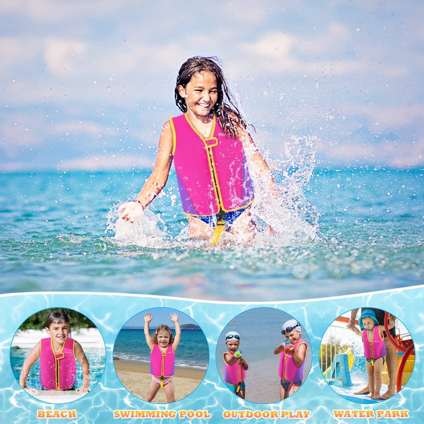 Petiyark Adjustable Kids Swim Vest, Neoprene Swim Aid for Children, Lightweight and comfortable, Supports swim training, Suitable for boys and girls aged 3-6 years - Pink.