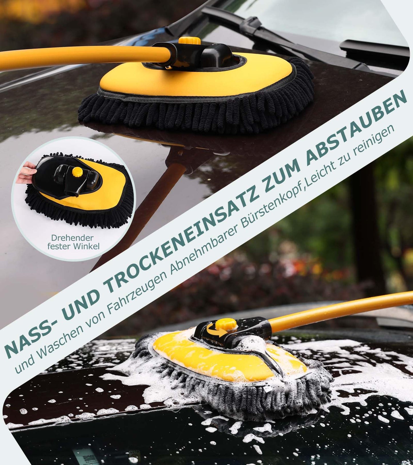 Innhom 15° Curve Car Wash Brush Telescopic Wash Brush, Wash brush with telescopic handle, Car wash brush with handle Long handle for cars, RV, SUV, truck, with 2 x mop heads (Yellow (Mop with 2 heads))
