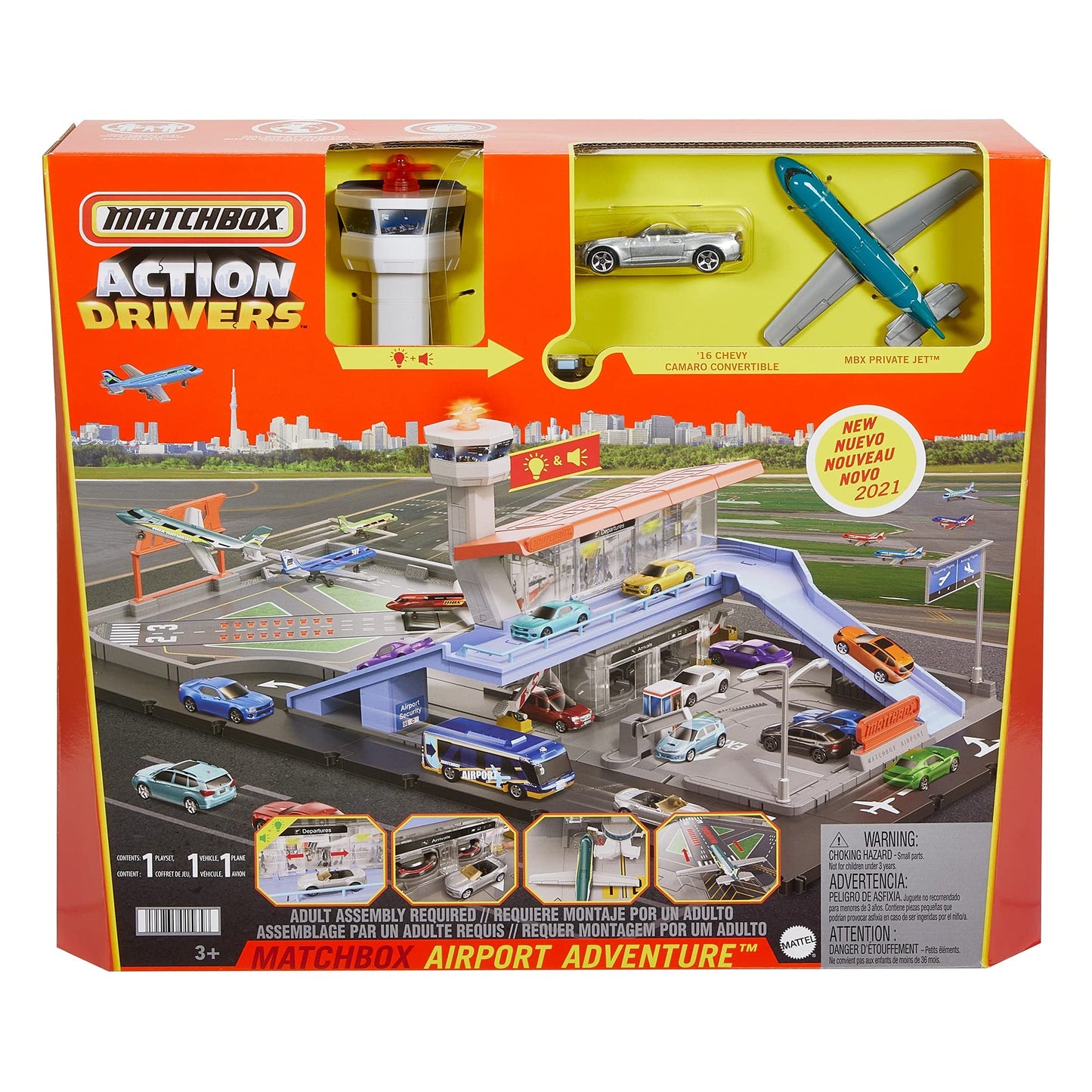 Matchbox HGC59 - Action Drivers Matchbox Airport Adventure with lights, sounds, and moving parts, 1 vehicle and 1 airplane, compatible with other sets, gift for kids ages 3 and up.