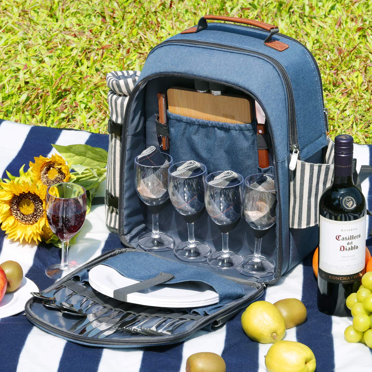 Sunflora picnic backpack set for 4 with insulated cooler and blanket, picnic basket for 4 people for camping outdoor (blue & stripes)