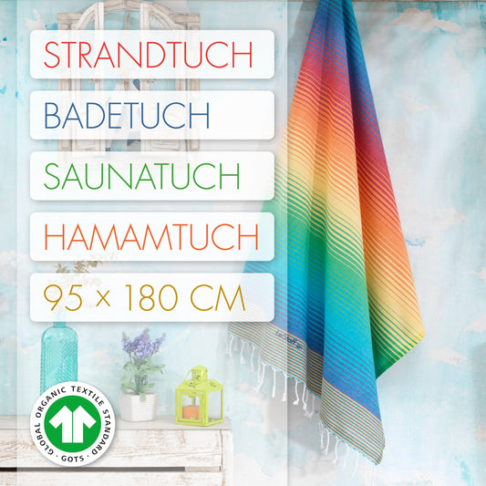LeStoff Hammam towel - 100% organic cotton, 95 x 180 cm, pre-washed, absorbent, quick-drying, lightweight, compact, sand-free, beach towel, travel towel, bath towel, large hand towel, lounging towel (Rainbow)