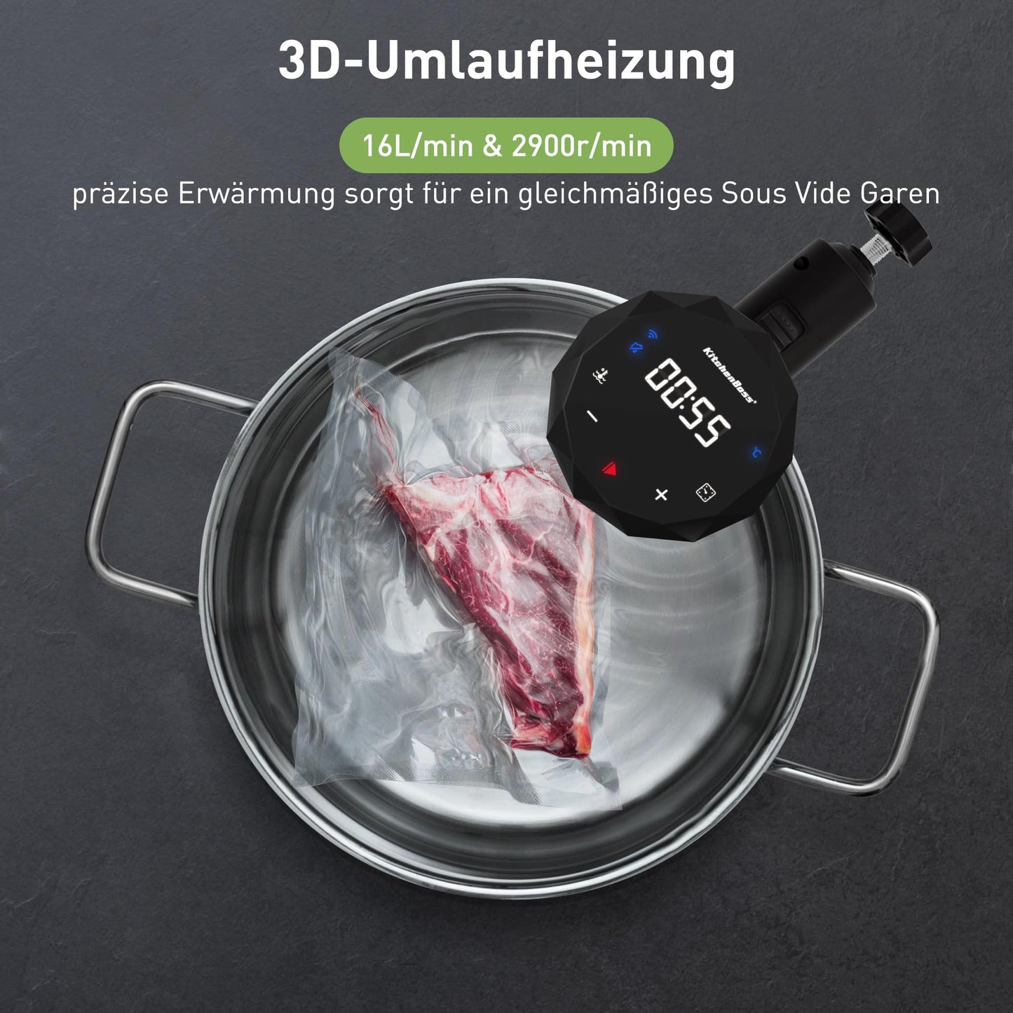 KitchenBoss Sous Vide Cooker Stick WiFi: Sous Vide Stick Wi-Fi precision cooker immersion circulator app control IPX7 waterproof ultra-quiet LED touch display 1100W 40°C-90°C
