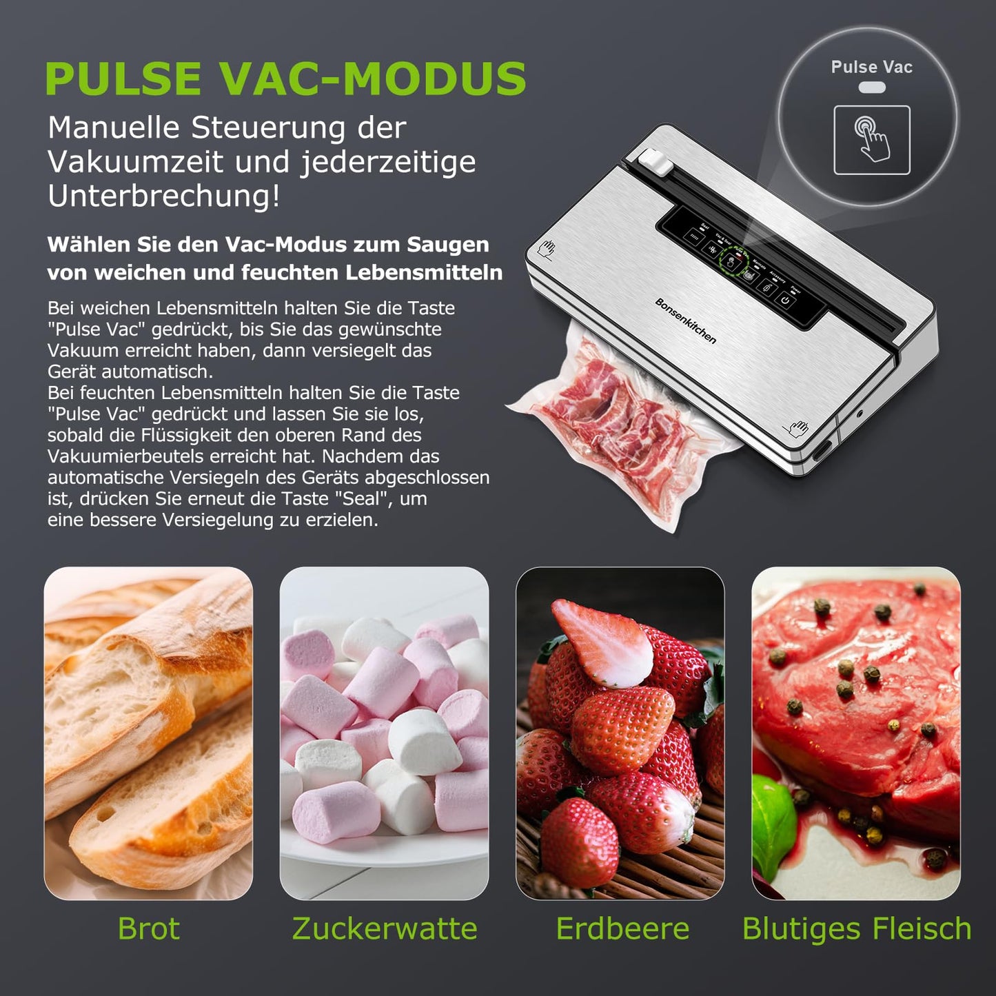 Bonsenkitchen Vacuum Sealer, Strong Vacuum Sealer with 5 Modes, 8 L/Min, Globefish Technology for Continuous High-Speed Operation, Includes 100 Vacuum Bags and 1 Roll Bag.