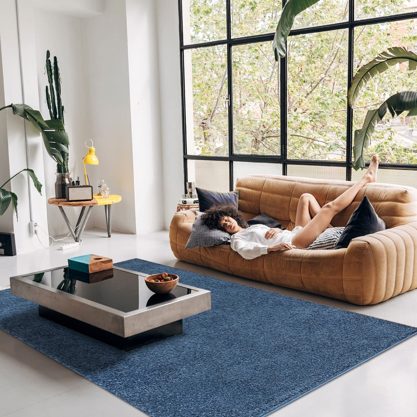Paid carpet living room high pile shaggy - 160x230cm - Blue plain fluffy modern boho decor rugs soft bedroom