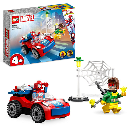 LEGO 10789 Marvel Spider-Man's Car and Doc Ock Set, Spidey and His Super Friends & 10781 Marvel Spidey and His Super Friends Miles Morales: Spider-Man's Techno-Trike, for ages 4 and up.
