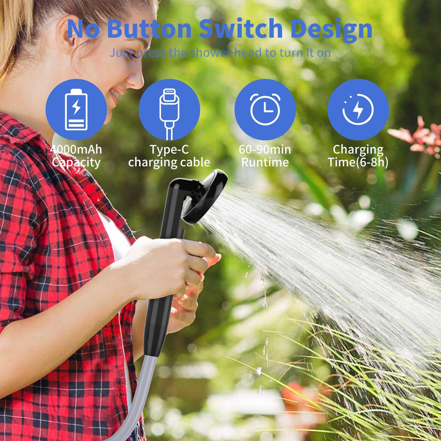 YAOBLUESEA Camping Shower with Pump, Portable Camping Shower Set with 4000mAh Rechargeable Battery & 1.8m Hose, Digital Screen Portable Camping Shower for Garden Camping Car Washing Pet Bathing
