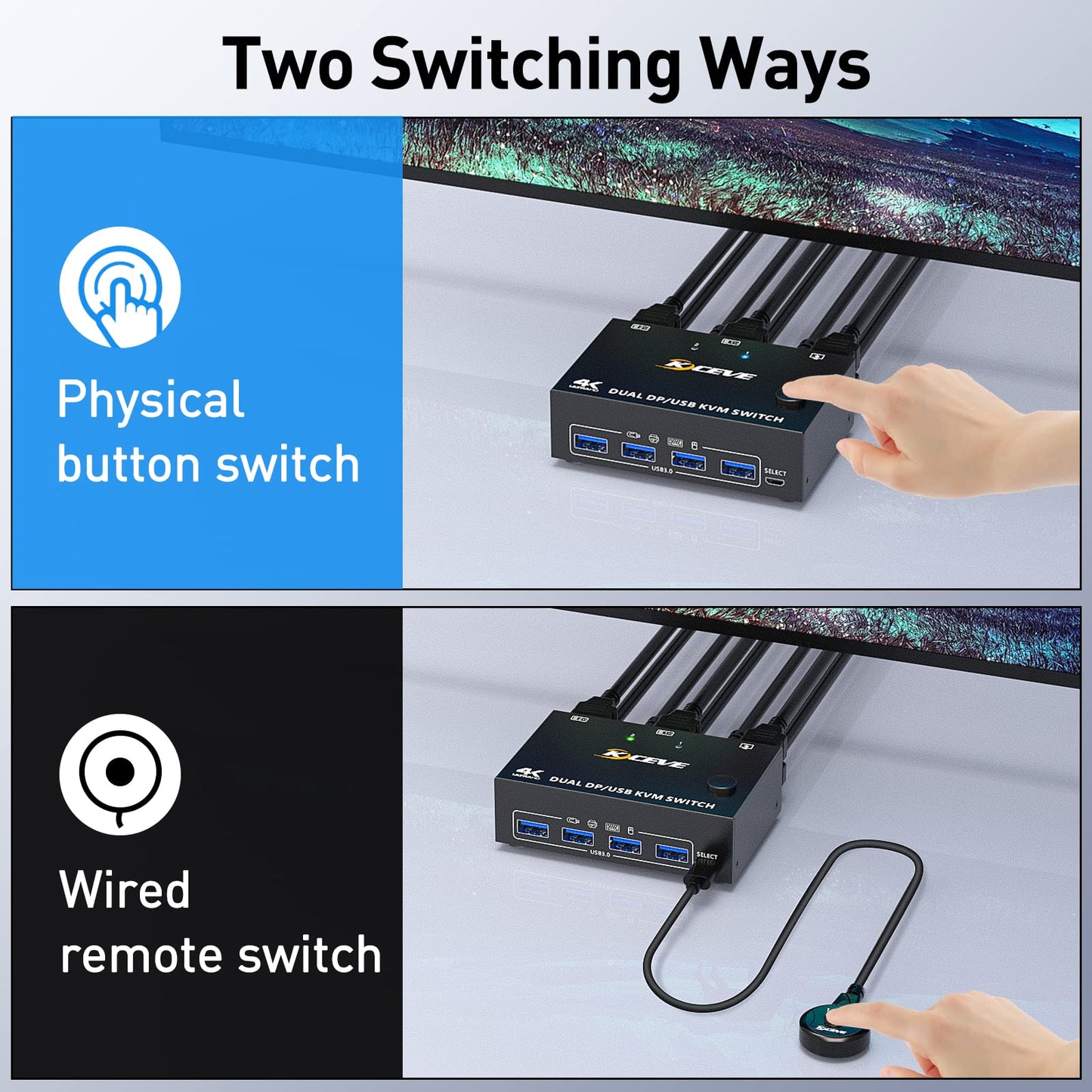 DP KVM Switch supports 2 computers and 2 monitors, allowing them to share keyboard, mouse, and monitor with USB 3.0 and DisplayPort connections. Supports 4K@60Hz resolution.