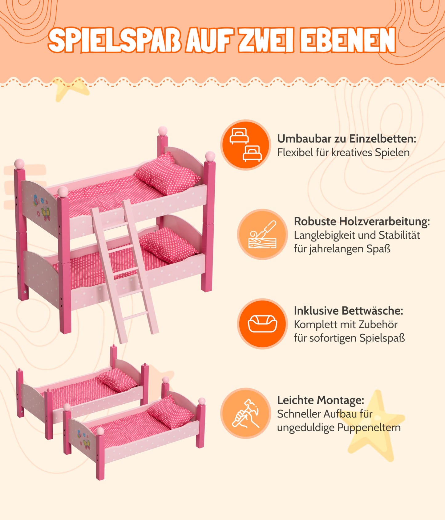 Bayer Chic 2000® Doll Bed Bunk Bed - Papilio Pink Rose - Doll Bunk Bed with Ladder & Bedding - Fits dolls up to 48 cm - Doll Accessories, Wooden Doll Bed