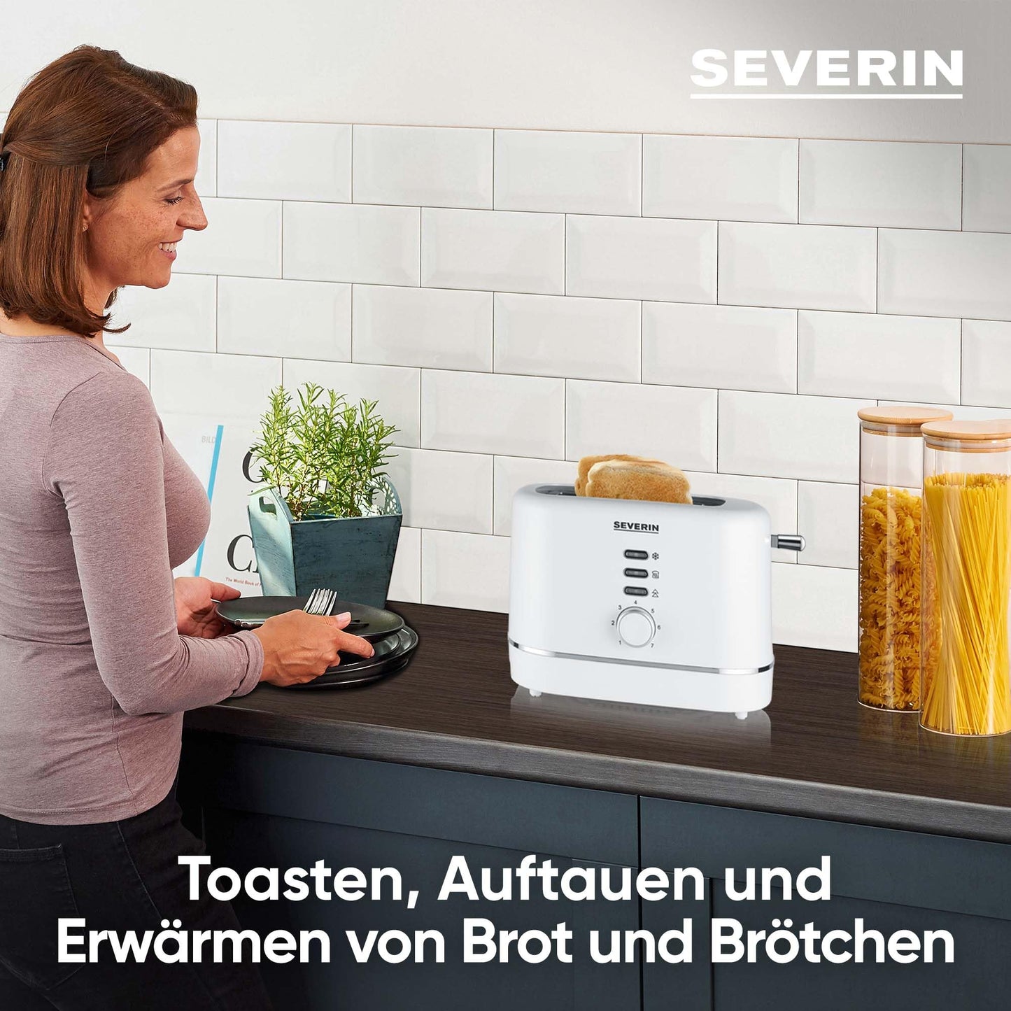 SEVERIN automatic toaster for 2 slices, stainless steel roll-up attachment, warming & defrosting function, adjustable browning level, auto shut-off, 850 W, white, AT 4324
