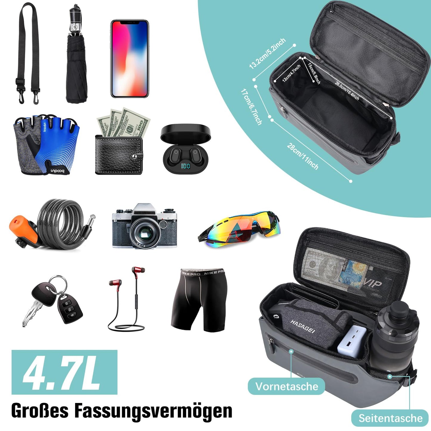 GXCROR Bicycle Handlebar Bag 4.7L with Quick Release | Stable Holder for City & Trekking | Waterproof + Phone Pocket + Drink Holder