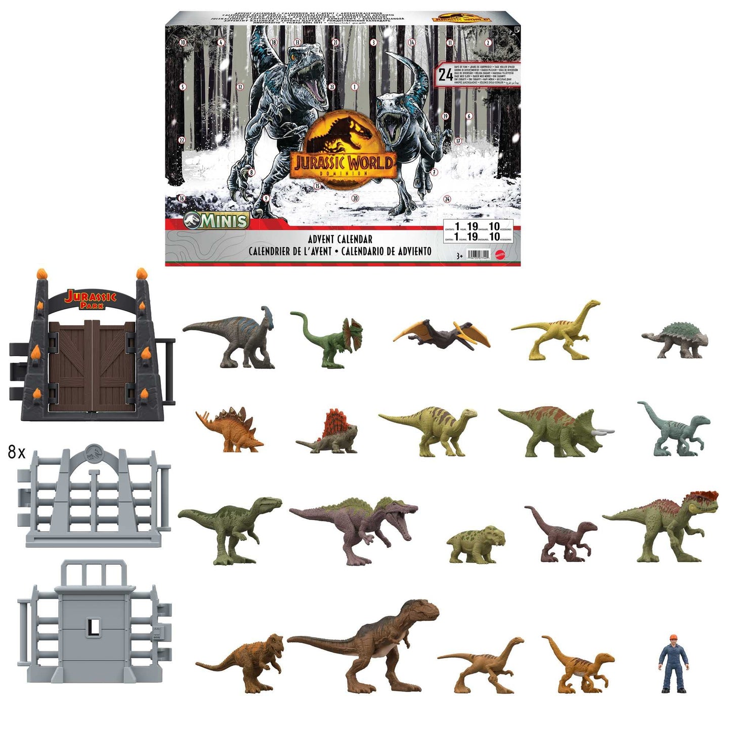 Mattel Jurassic World Advent Calendar for kids with surprises for 24 days, includes various dinosaur figures and battle arena, toy for ages 3+, HHW24