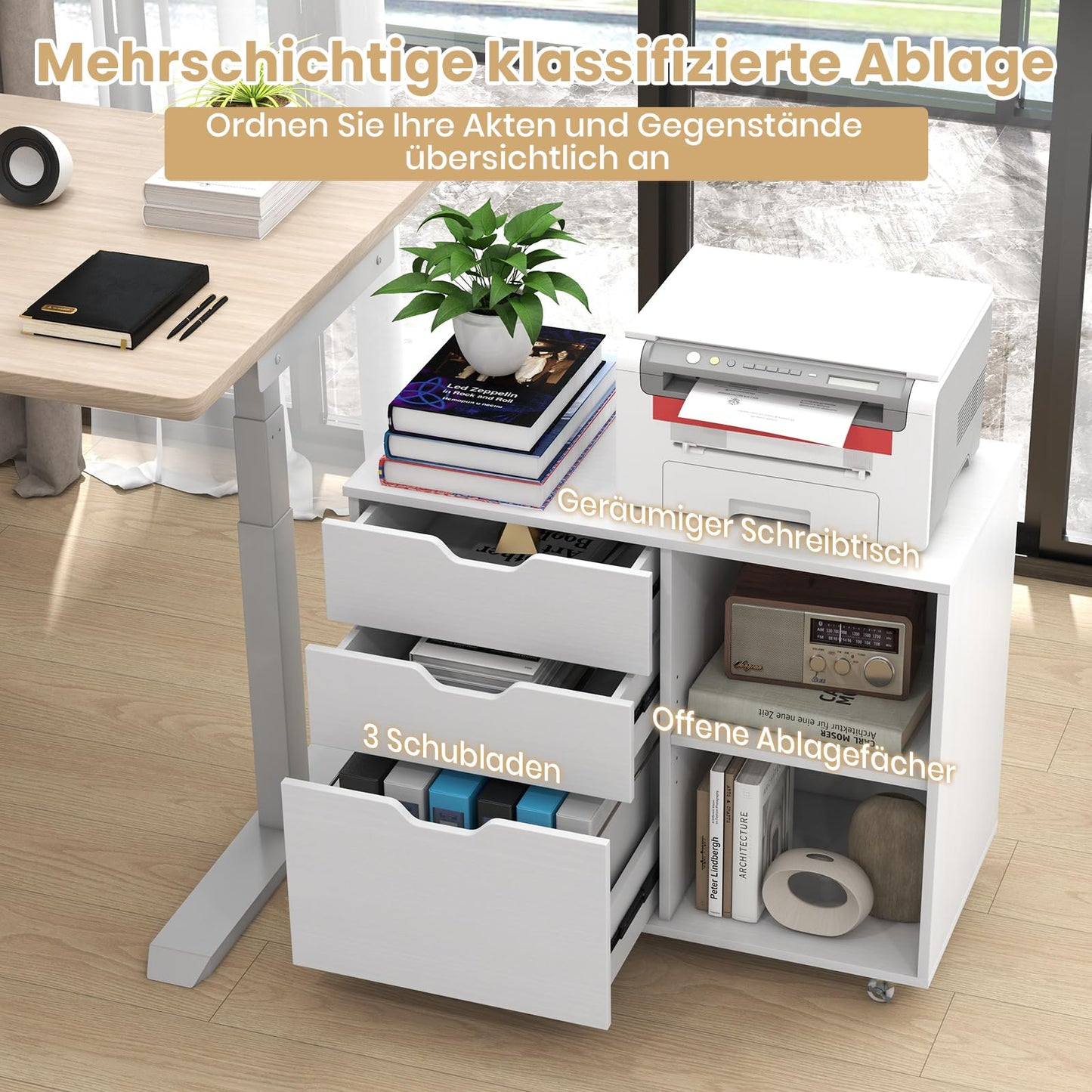 GOPLUS Roll container, mobile filing cabinet with 5 wheels, 3 drawers and 2 open compartments, office cabinet printer stand for documents in A4, letter & legal format (white)