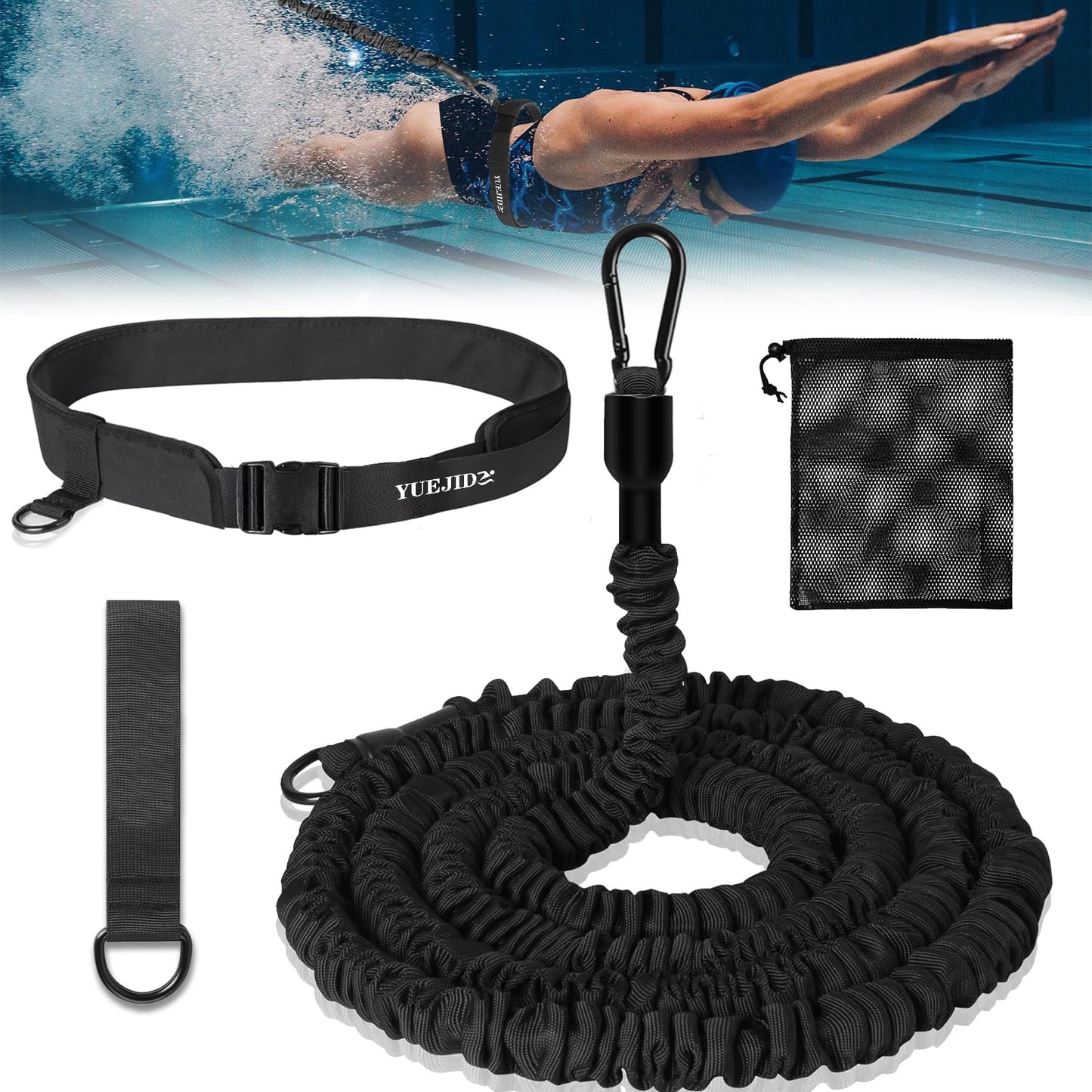 Pool swimming belt for kids and adults, 4-7.5M swim trainer swim cord with adjustable swim resistance belt, increases strength and endurance, perfect alternative to a counter-current system.