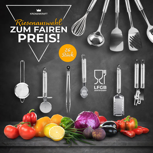 KRONENKRAFT® 26-piece kitchen set made of stainless steel. Includes kitchen utensils, accessories, cooking set, household helper set, spatula, whisk, and more. All made of stainless steel.