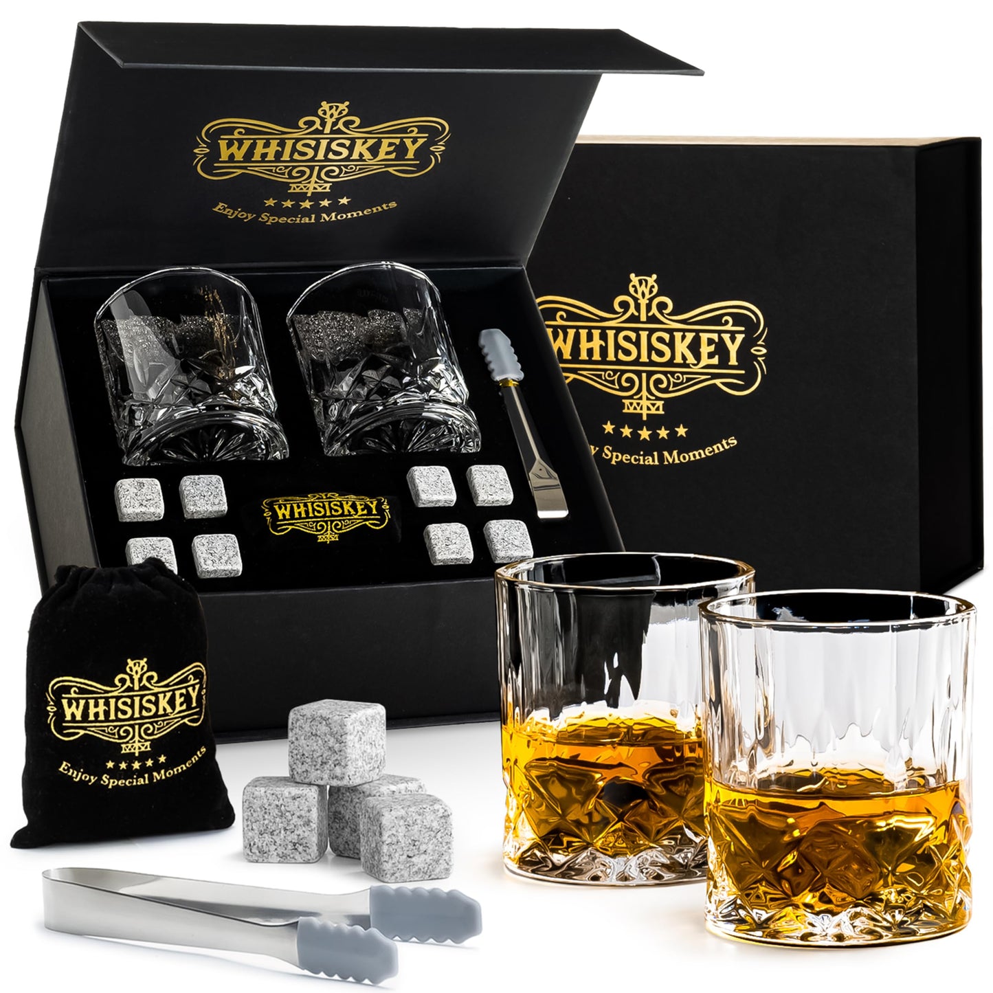 Whiskey - Whisky Glass Set - Whisky Accessories Set - 8 Whiskey Stones & 2 Whiskey Glasses - Whisky glasses - Reusable Ice Cubes - Gifts for Men