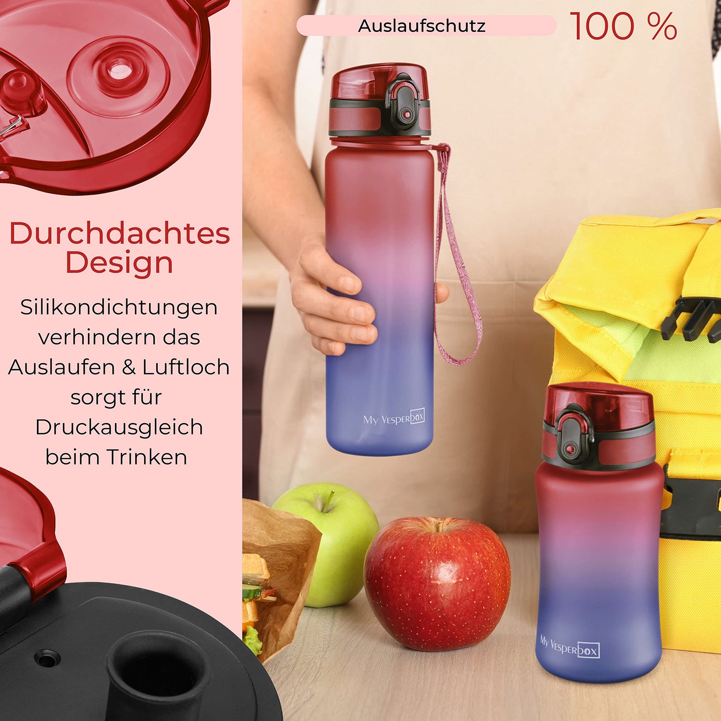 My Vesperbox Minny Kids Water Bottle 500ml - Leakproof & BPA-free - includes spare seal, cleaning brush, fruit infuser & optional straw - perfect for school, kindergarten & sports.