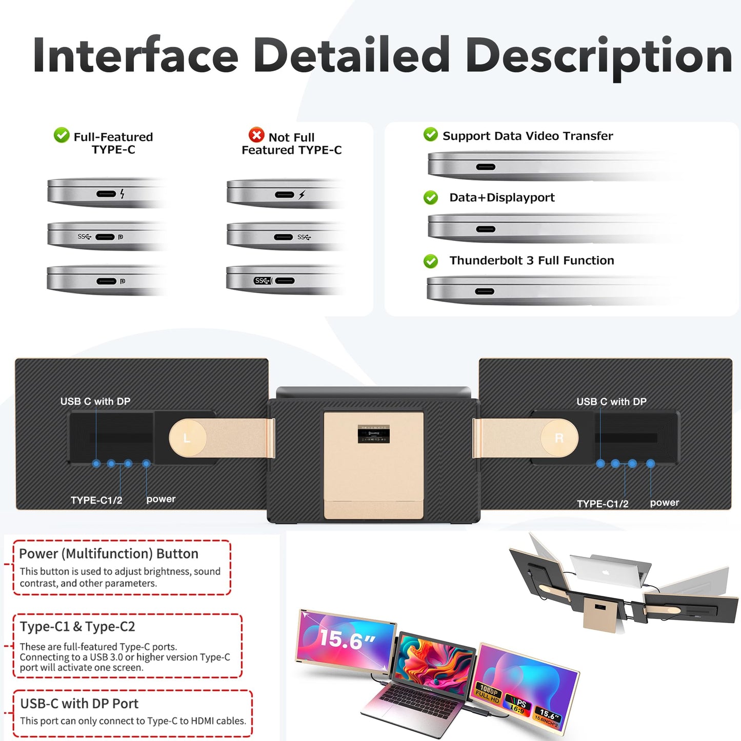Kwumsy Portable Monitor for Laptop - 15.6 inch FHD 1080P Laptop Screen Extension for all laptops, 90°-235° rotatable/detachable screen, compatible with 13-17.3" laptops (not wider than 16.9")