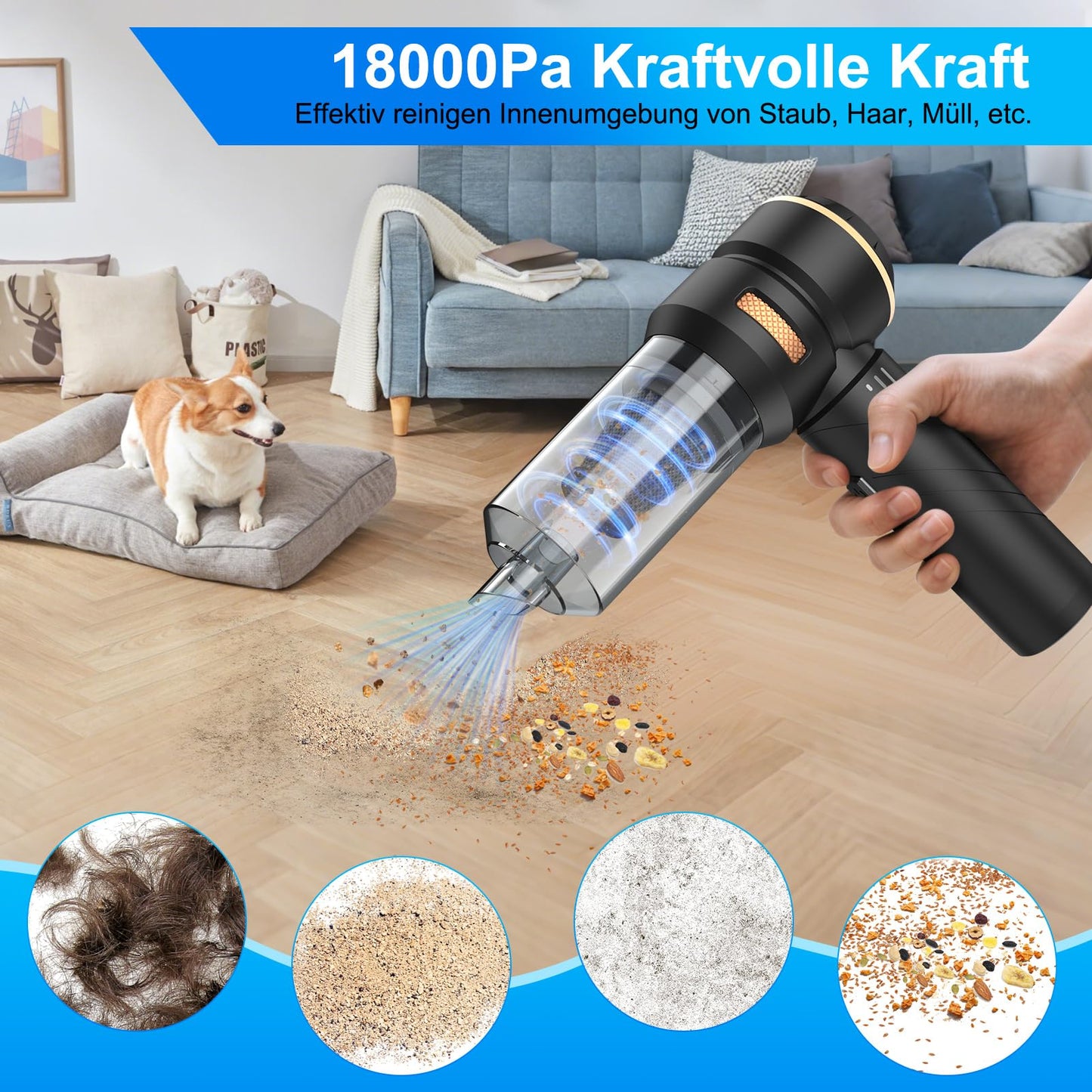Fwiull Handheld Vacuum, 18000PA Car Vacuum, 4-in-1 Cordless Handheld Vacuum Cleaner, 3-Speed 200000 RPM Car Vacuum, Foldable Car Vacuum for Office Use, Car, Kitchen, Pet Hair